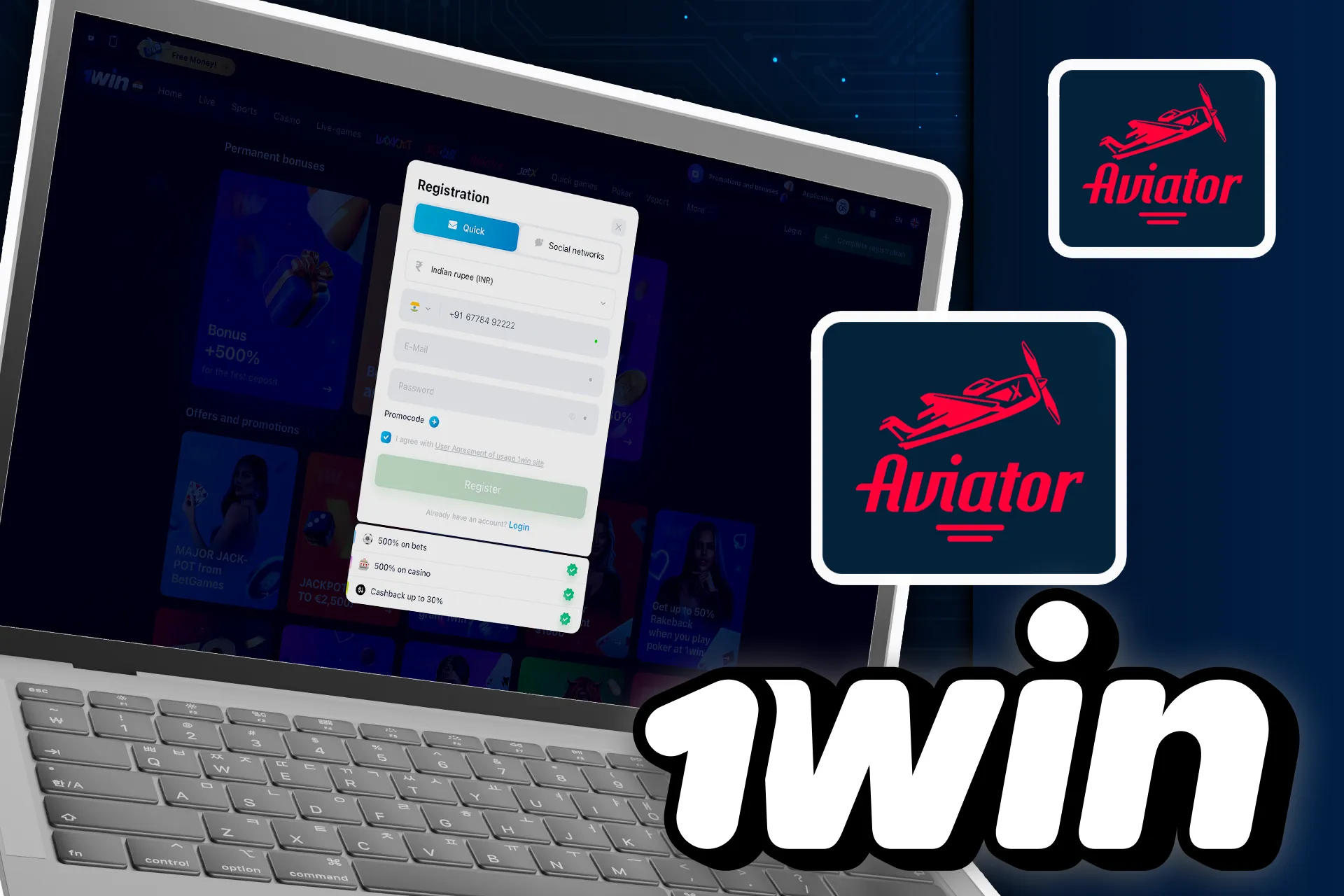 1win वेबसाइट खोलें, अपने खाते में लॉग इन करें, टॉप अप करें और खेलना शुरू करने के लिए एविएटर गेम ढूंढें।